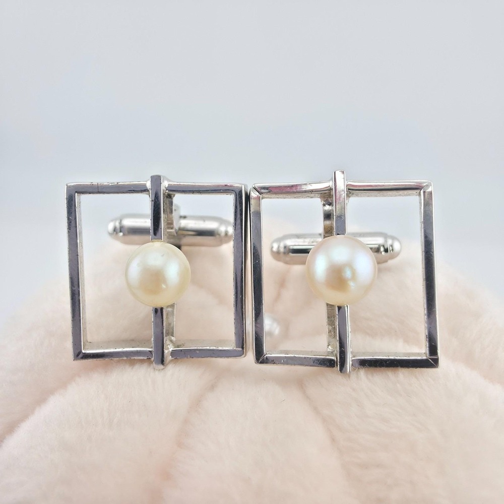 Vintage 80 Yr Old ANSON Cufflinks Genuine Pearl 925 Sterling Silver Geometric